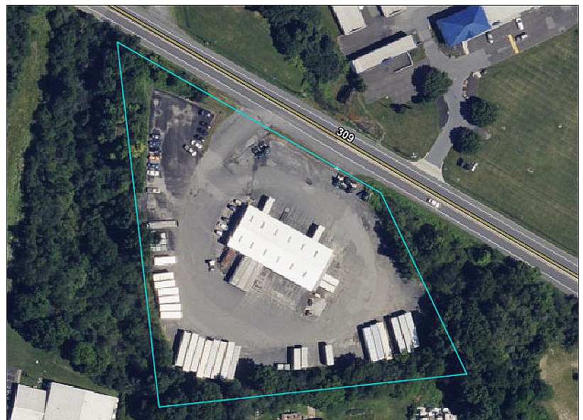 Aerial view of the property with the approximate boundary outlined, PA Route 309 running along the top edge