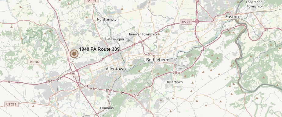 Map of the Lehigh Valley marking 1940 PA Route 309 west of Allentown, with Bethlehem, Easton, US 22 and the surrounding highways